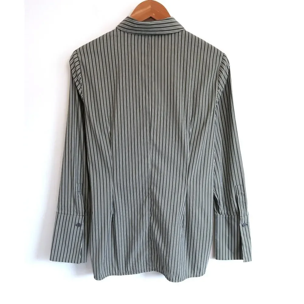 LAFAYETTE 148 NEW YORK Jake Kingsbridge Bay Leaf Stripe Shirt Top Saks S $398 - Picture 7 of 9